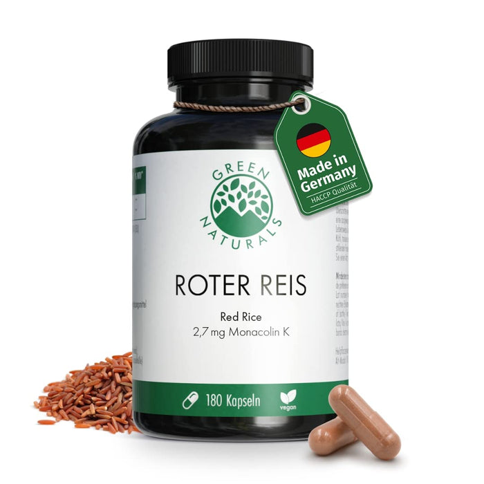 GREEN NATURALS Red Rice | 180 Vegan Capsules | High Dose: 2.7 mg Monakolin K per Capsule | Supply for 6 Months | Made in Germany