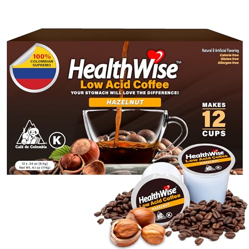 Healthwise Hazelnut 100% Colombian Coffee K-Cups Low Acid Coffee K-Cups - Medium Roast, Healthier Coffee for Sensitive Stomachs - 12 Count (Pack of 1)