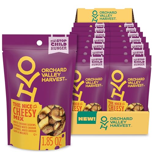 Orchard Valley Harvest Nice N Cheesy Mix, 1.85 oz (Pack of 14), White Cheddar Almonds, Cashews, Chips, Walnuts, Resealable Bag, 6g Of Protein Per Serving, Salty, Snacks for Adults & Kids