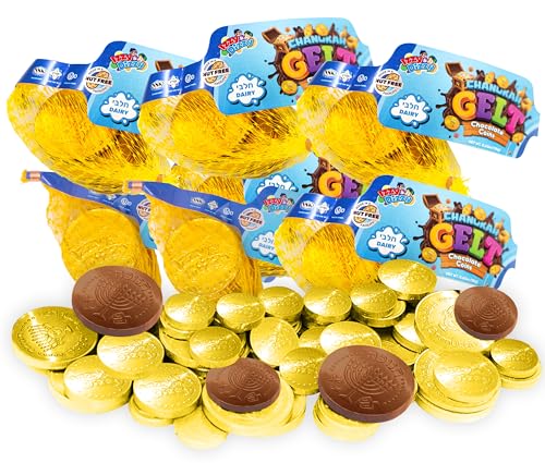 Izzy 'n' Dizzy Hanukkah Gelt Coins Chocolate, Kosher Milk Chocolate Coins Nut Free (Dairy), Filled with Menorah Embossed Hanukkah Gelt Coins (6 Mesh Bags)