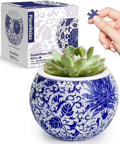3D Puzzle Planter - Oriental Floral Ornament - Small Round Plant Pots with Drainage, Home Decor Flower Pots for Indoor Cactus, Succulents Pots [K1101]