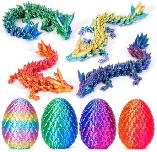 4PCS 3D Printed Easter Dragon Eggs with Dragon Inside, Mini Mystery Dragon Egg Articulated Crystal Dragon Fidget Toy, Surprise 3D Printed Animals Toy Easter Basket Stuffers (4-Piece Set-C)