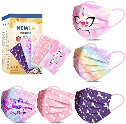 Kids Disposable Face Masks, 50 Pack Kids Mask for Girls 4-12, Individually Wrapped 3 Ply Kids Face Masks