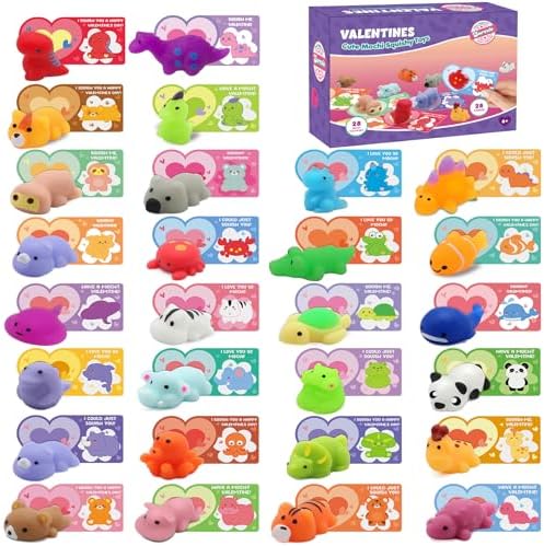 28 Pcs Mochi Squishies Party Favor Set with Valentines Greeting Cards for Kids, Valentines Day Gifts for Kids, Valentine's Day School Prize Party Favor, Classroom Exchange Gift Set