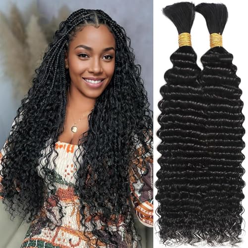 Deep Wave Human Braiding Hair For Boho Braids Full Bulk Human Hair For Braiding Curly Human Hair Braiding Hair Wet Wavy 100g 2 Bundles 18inch No Weft Micro Human Hair Extensions Natural Color