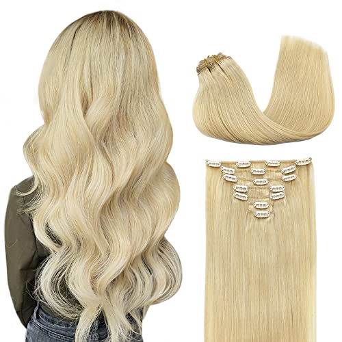 DOORES Hair Extensions Real Human Hair, Bleach Blonde 80g 7pcs 12 Inch, Clip in Extensions Human Hair Natural Remy Hair Extensions Clip in Human Hair Silky Straight Hair Extensions