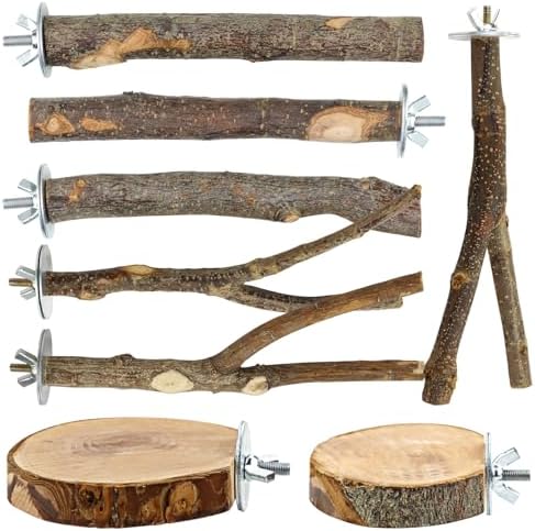 8 Pieces Natural Wood Bird Perch Wooden Parrot Perch Stand Fork Toys Hanging Multi-Branch Perch Platform Hammock Swing Toy for Macaws, Small Parakeets, Conures, Budgies, Finches