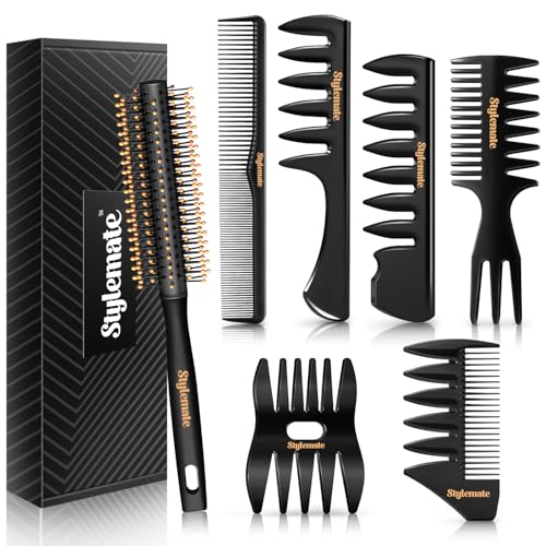 Men's Hair Styling Combs and Brush Set - Roller Brush for Adding Volume, Pompadour, Slicked-back, Fauxhawk, Undercut Styling Combs