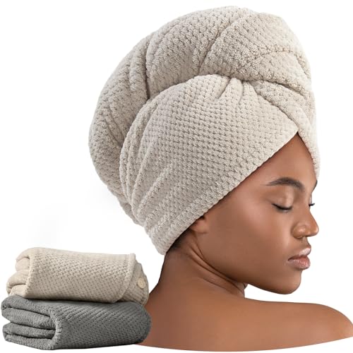 2 Pack Microfiber Hair Towel Wrap for Curly Hair, Super Absorbent Hair Drying Towel for Women, Kids, Hair Care Accessories, Hair Turban for Wet Hair (Grey, Camel)
