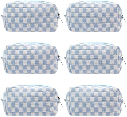 PAZIMIIK Checkered Makeup Bag for Purse Portable Zipper Make Up Pouch Small Cosmetic Case for Travel Accessories (6PCS Blue)
