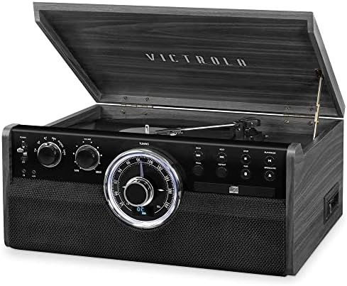 Victrola Mid Century 6-in-1 Bluetooth Record Player and Multimedia Center with Built-in Speakers - 3-Speed Turntable, CD and Cassette Player, AM/FM Radio Wireless Music Streaming Grey