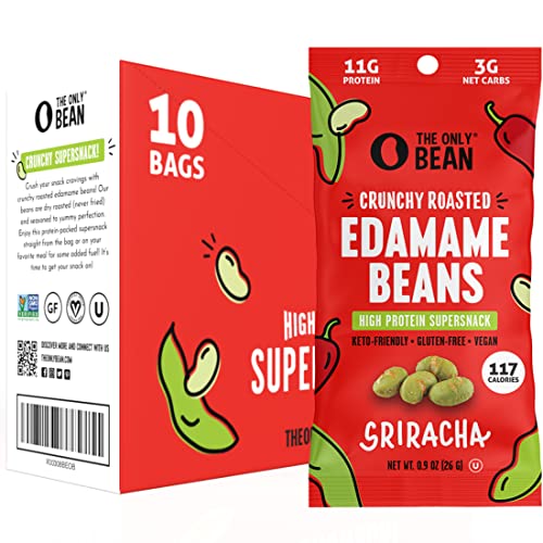 The Only Bean Crunchy Roasted Edamame Snacks Pack (Sriracha), Protien Keto Food, Gluten Free, Asian Chinese Korean Japanese Snacks, Hot Spicy Snack Low 100 Calorie, 0.9oz 10 Pack