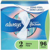 Always Infinity Feminine Pads for Women, Size 2, 96 Count, Heavy Flow Absorbency, with Wings, Unscented 32 Count (Pack of 3)