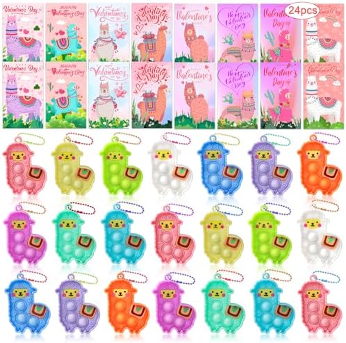 Valentines Day Gifts for Kids,24 PCS Valentines Cards for Kids Classroom with Llama Pop Fidget Toys,Valentines Exchange Gifts for Kids Classroom,Valentines Party Favors Classroom Prizes