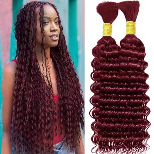 Burgundy Deep Wave Human Braiding Hair for Boho Braids 2 Bundles Total 100g 16 Inch Deep Wave Bulk Human Hair for Braiding No Weft Brazilian Virgin Curly Human Hair Extensions