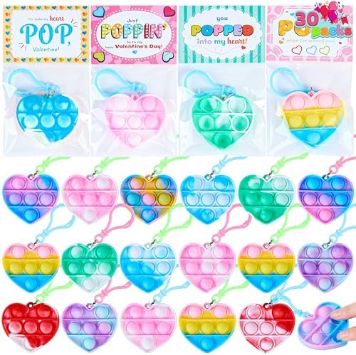 JOYIN 30 Packs Valentine's Day Cards with Pop Fidget Keychain Toys, 6 Designs Stress Anxiety Relief Fidget Toys with Cards for Kids Valentine's Classroom Exchange Prizes, Valentine's Day Party Favors