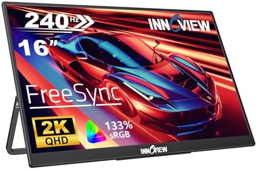 InnoView 16" 2K 240Hz Portable Monitor, 133% sRGB Portable Gaming Monitor Laptop Monitor Built-in 180° Adjustable Stand Type-C HDMI IPS Eye Care External Second Screen for PS4 PS5 Switch Xbox PC