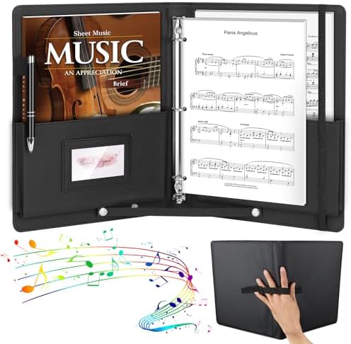 YOTINO Sheet Music Folder, 3 Ring Choral Muisc Folder,13"x10.2" PU Leather Music Binder Black with Elastic Band and Handle Fits Letter Size 8.5 x 11 inch