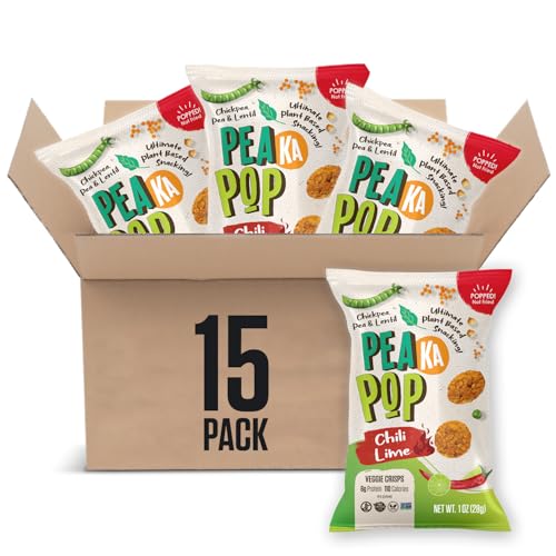 PeaKaPop Veggie Chips – Plant-Based, Healthy Veggie Crisps with Pea, Lentil & Chickpea Protein – Vegan, Gluten-Free, Popped Chips – Snack Size for Kids & Adults – 1 oz Bags (15-Pack) – Chili Lime