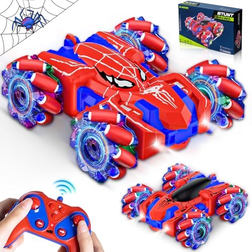 Spider Remote Control Car, USB Direct Charging RC Cars with Cool Lights, 2.4Ghz Double Sided Drift RC Stunt Car, 360°Rotating 4WD Off-Road Race Car Toys for 4-6 6-12 Boy Girl Kids Gifts