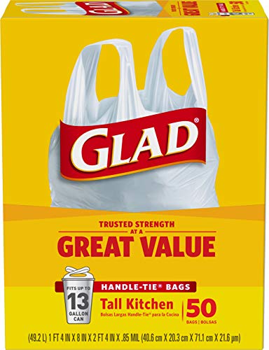 Glad Trash Bags, Tall Kitchen Handle-Tie Garbage Bags - 13 Gallon White Trash Bag - 50 Count (Package May Vary)