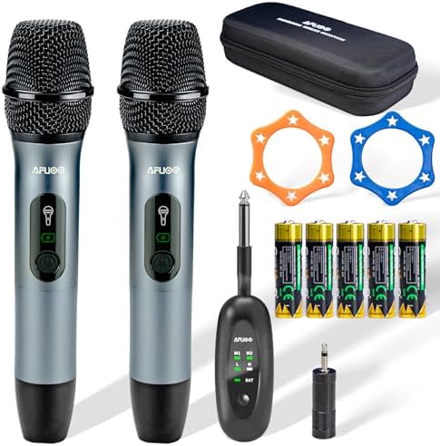 Wireless Microphone Set for Singing, Speeches & Events, 2.4GHz Dual-Mic Receiver, 200ft, Storage Bag Included, Metal Cordless Mic 2 Pack for Karaoke Machines, PA Systems, PartyBox, Gray-Blue