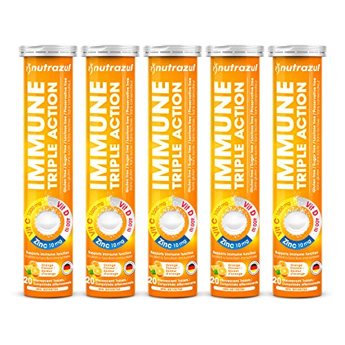 nutrazul Immune Triple Action Effervescent Tablets - Vitamin C 1000 mg, Vitamin D 400 IU, Zinc 10mg I Orange (Pack of 5X20) | Gluten Free, Sugar Free, Lactose Free & Preservative Free