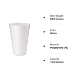 DART 16oz Foam Cups, Case of 500ct, 16J165 & 20J16 3.7" Top and 2.4" Bottom Diameter, 6.1" Height, 20 Oz Big Drink Foam Cup (Case of 500), White