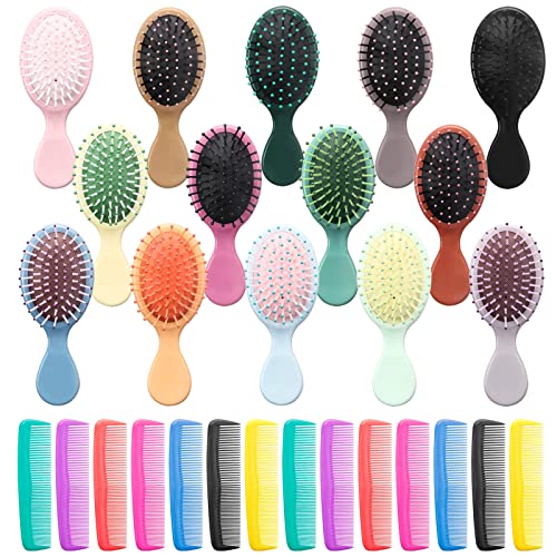 ANSLCA Bulk Mini Brush Set - 28 Pack: 14 Travel Mini Brushes + 14 Wide Detangling Mini Combs for Wet/Dry Hair (Stylish Colorful)
