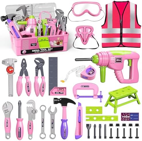 Deejoy Tool Set with Tool Box & Electronic Toy Drill, Pretend Play Kids Construction Kits for Kids Ages 3-5 Years Old, Toddler Tool Set(Pink)