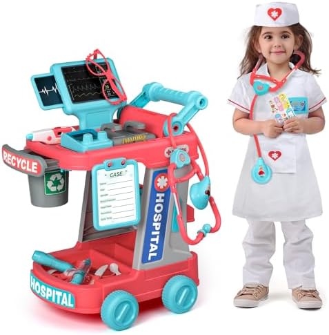 Liberry Doctor Kit for Kids Aged 3 4 5, Pretend Doctor Playset for Toddlers with Cart, Costume and Stethoscope, Role Play Medical Toy for Girls Boys (Red)