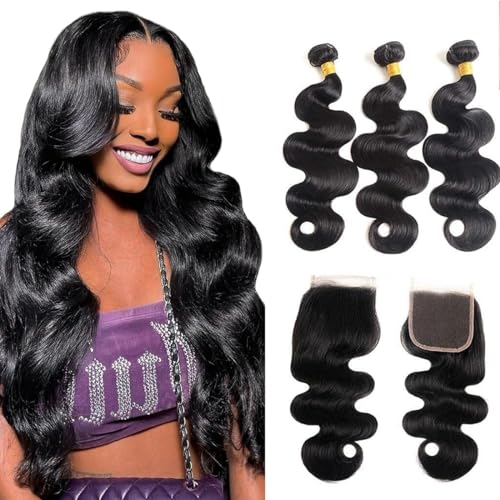 Body Wave Bundles with Closure (18 20 22+16，Free Part) Brazilian Body Wave 100% Unprocessed Virgin human hair 3 bundles with 4x4 Lace Closure Natural Color