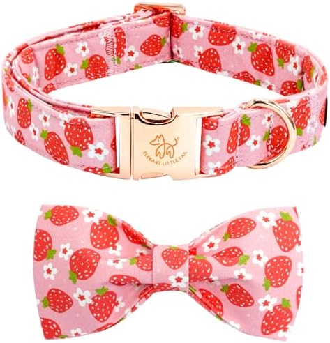 Elegant little tail Dog Collar, Spring Dog Collar with Bow Strawberry Print Cotton Soft Female Pet Collar Bowtie Floral Dog Collar Adjustable Dog Collar for X-Small Dogs