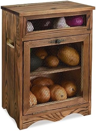Ikee Design Free Assemble Wooden Countertop Potato and Onion Storage Bin Box,Countertop Storage Cabinet, Wooden Bread Boxes, Potato Storage, Coffee Station,11.8W x 6.8D x 16H in, Rustic Color