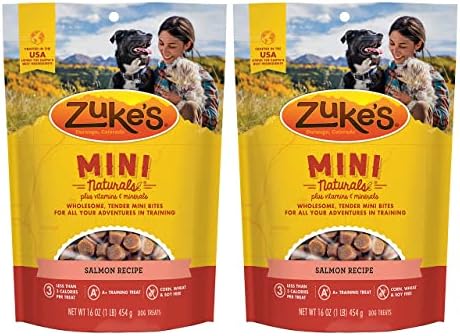 Zuke's Mini Naturals Dog Training Treats, Salmon Recipe, Soft Mini Dog Treats with Vitamins & Minerals, Made for All Breed Sizes (Salmon, 16 Ounce (Pack of 2)