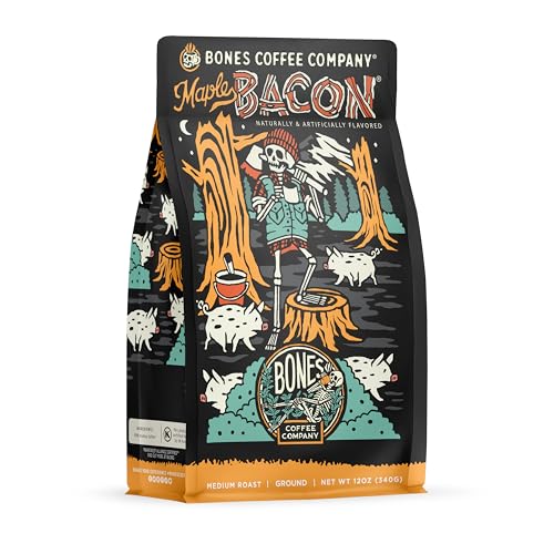 Bones Coffee Company Maple Bacon Flavored Coffee Beans, Medium Roast Ground Coffee Low Acid, Maple Bacon Flavor (12 oz)
