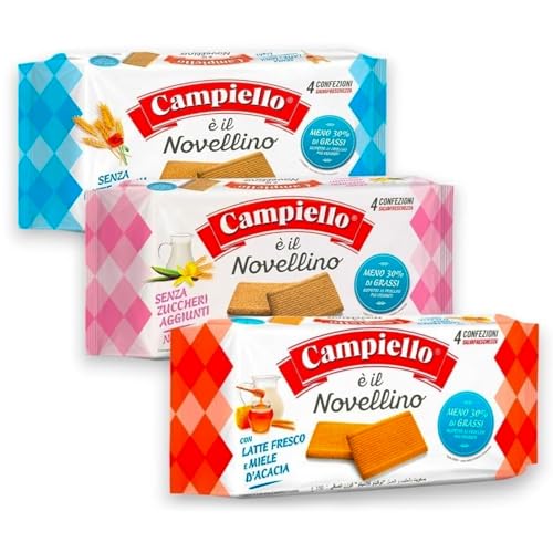 Campiello Novellino Variety Pack Ideal for Tea Time- 3 Flavors of Italian Biscuits with No Milk & Eggs, No Added Sugar, Fresh Milk & Acacia Honey- Enjoy Sugar-Free Cookies with Authentic Italian Taste