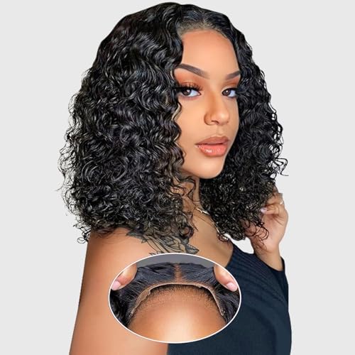 Glueless Wigs Human Hair pre plucked Pre Cut Short Curly Bob Lace Front Wigs for Black Women 4x4 Lace Closure Glueless Wig with Elastic Band for Beginners 14 Inch