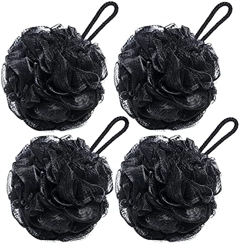 VANZAVANZU Bath Loofah Large 80g Shower Sponge Body Scrubber Mesh Pouf for Men and Women, Set of 4 (Black)