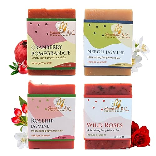 Sunshine & K Handmade Soaps - Body & Hand Soap Bar, Handmade Bath Soap, Moisturizing Bar Soap, Rosehip Jasmine, Neroli Jasmine, Wild Roses, & Cranberry Pomegranate Soap Bars, 20 oz, 4-Scents Set
