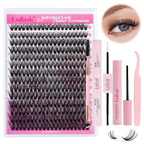 FADLASH DIY Lash Extension Kit Individual Lashes Cluster D Curl Eyelash Extension Kit D Curl Lash Clusters Lash Applicator Tool for Self Application at Home(KIT 40D-D-12-18mm)