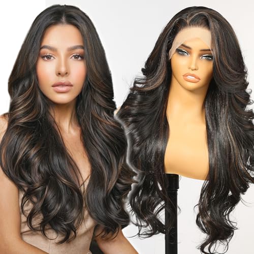 KOME Black Highlight Synthetic Lace Front Wig,13×6 Long Body Wave Pre Plucked HD Lace Glueless Wigs for Women Daily Use 26IN
