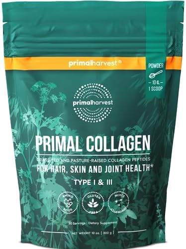 Primal Harvest Collagen Powder for Women or Men Primal Collagen Peptides Powder Type I & III, 10 Oz Collagen Protein Powder for Hair, Skin, Nails (Single, Original)
