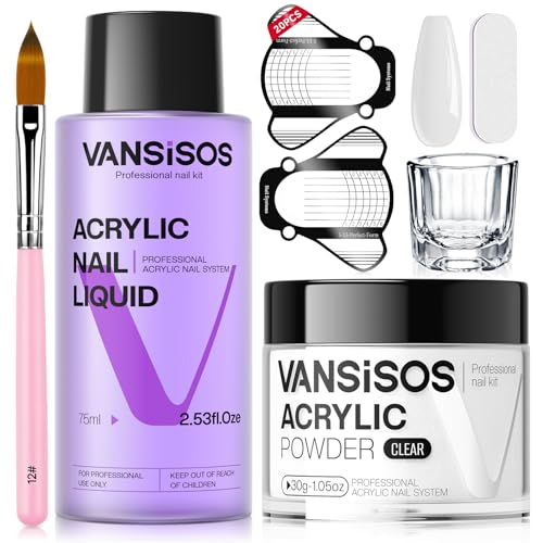Acrylic Nail Kit: 30g Clear Acrylic Powder and 75ml Acrylic Liquid Set with Nail Brush Nail Forms Acrylic Nails Extension Kit for Beginners for Home DIY Salon Nails Application