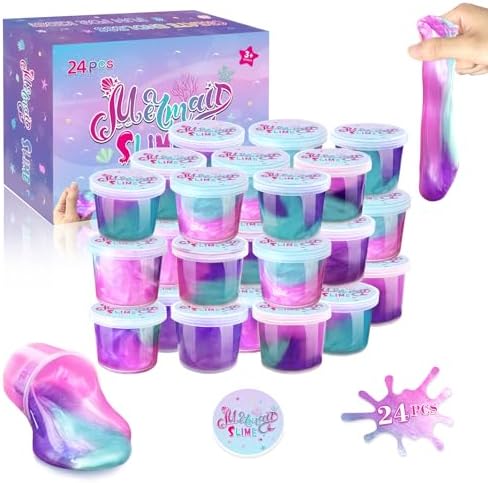 24 Pack Mermaid Slime Party Favors for Kids Slime Cup Bulk DIY Stress Relief Putty Toy Christmas Easter Birthday Goodie Bag Stuffer Classroom Reward for Girls Boys Stretchy Non-Sticky