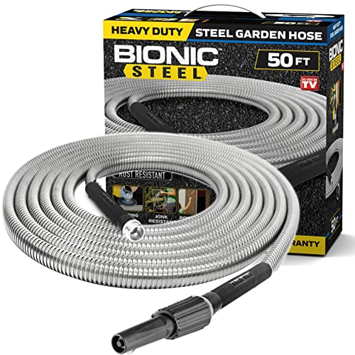 BIONIC STEEL Metal Garden Hose 50 Ft with Nozzle, 304 Stainless Steel Water Hose, 50 Ft Garden Hos