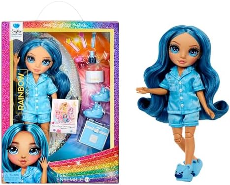 Rainbow High Jr High PJ Party - Skyler, Blue 9" Posable Fashion Doll with Soft Onesie, Slippers, Fun Play Accessories, Great Toy Gift for Girls Kids Ages 4-12 Years