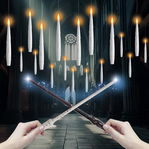 AFINETH Floating Candles with Wand, Magic Hanging Candles 20 Pack, Flickering Flameless Floating LED Candles, White Battery Operated Window Taper Candles for Halloween Christmas Birthday Party Decor