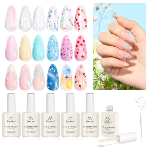 beetles Gel Polish 6Pcs Heart Star Reflective Glitter Gel Top Coat Set, Clear Pink Color Pastel Gel Nail Polish No Wipe Top Coat Long Lasting Highly Shine Soak Off Uv Gel Art