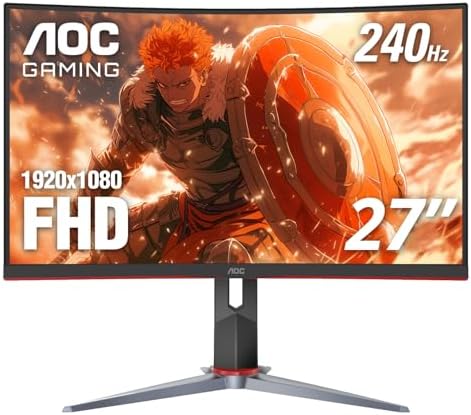 AOC C27G4ZH 27" Curved Frameless Ultra-Fast Gaming Monitor, FHD 1080p, 0.3ms 280Hz, HDMI/DP, Height Adjustable, 3-Year Zero Dead Pixel Guarantee, Black, Xbox PS5 Switch Compatible